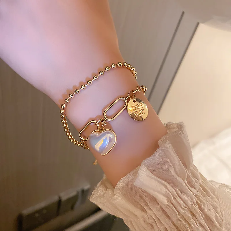 

Alphabet Circle Pearl Heart Bracelets for Women Simple Vintage Beads Cubana Chains Charm Jewelry Pulseras Mujer Wholesale