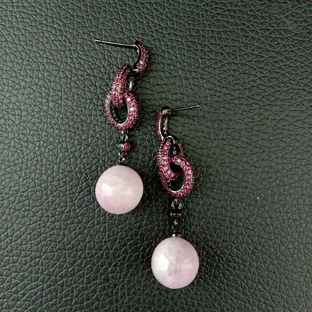 

Натуральные розовые круглые серьги-подвески Kunzite CZ