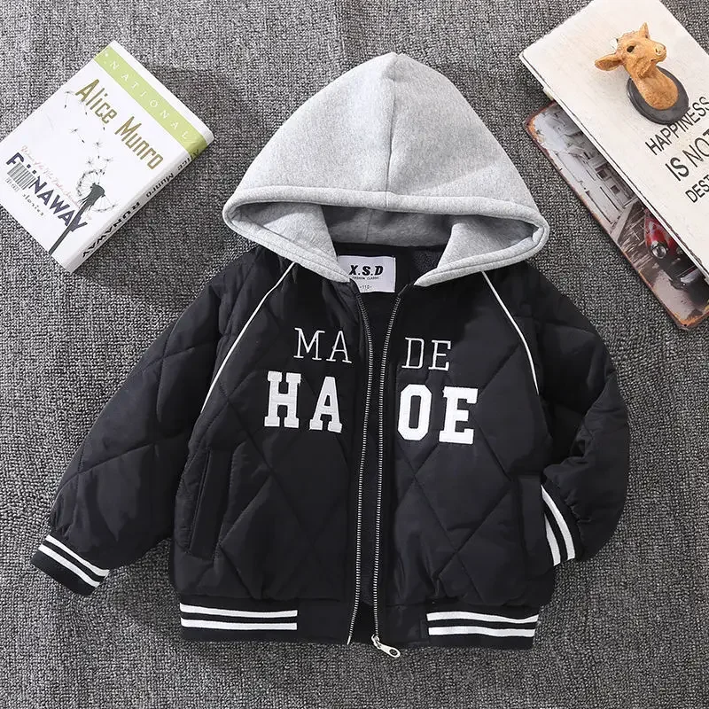 

Children's Clothing Boys' Velvet Padded Thickened Coat Winter Fake Two Pieces Hooded Cotton Jacket Short Fashion Warm Clothes