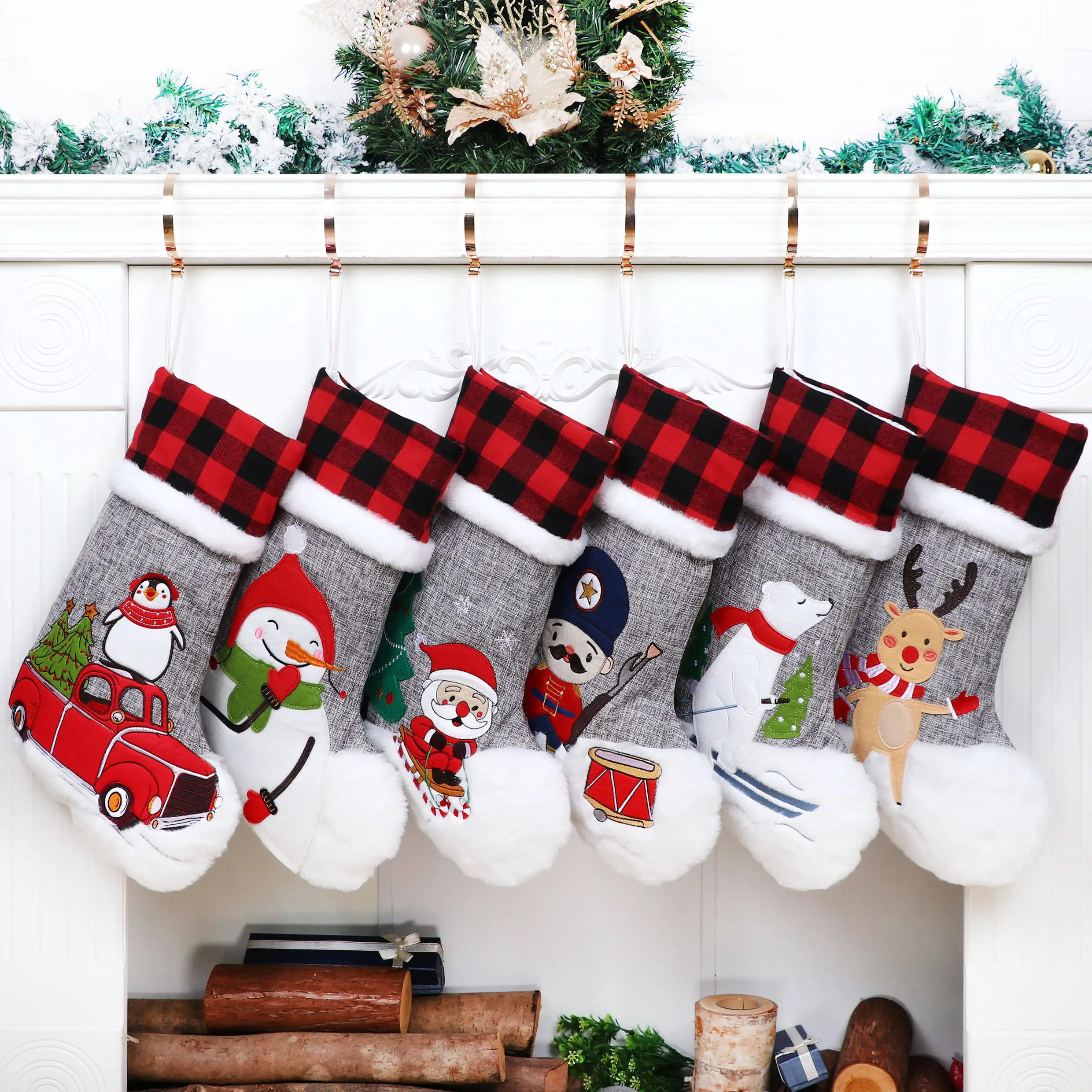 

Christmas Stockings Buffalo Plaid Christmas Ornaments for Home Decorations Holiday Stocking with Pattern Burlap Gift