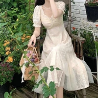 elegant womens sundress 2022 summer french short sleeve midi evening party dresses vestidos vintage casual lady fairy dress