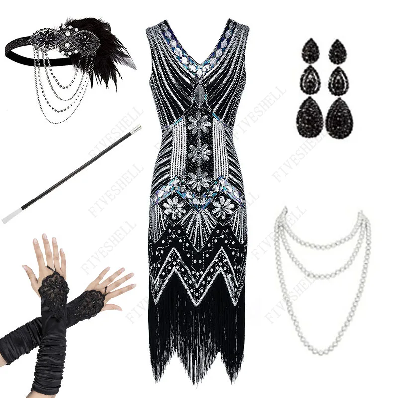 

920s Women Vintage Flapper Gatsby cosplay Costume Accessories Set 20s Headband Pearl Necklace Gloves Cigarette Holder Dresses