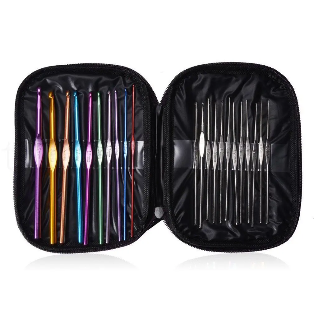 

22 Pcs/Set Ergonomic Multi Colour Stainless Steel Crochet Hooks Yarn Knitting Needles 2-8mm Sewing Tools with Case