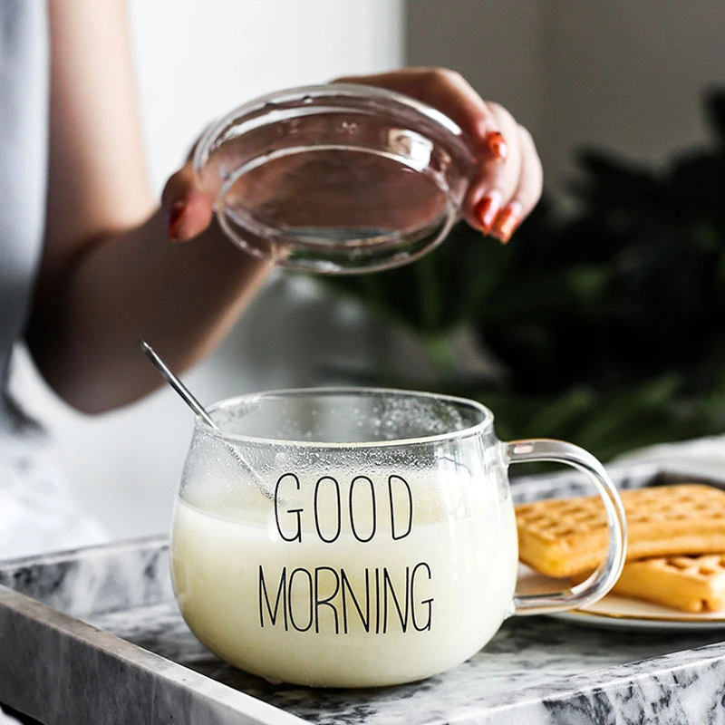 

350ml Transparent Glass Breakfast Cup Heat-Resistant With Round Lid White Letter Beer Coffee Cups Handmade Mug Tea Mugs