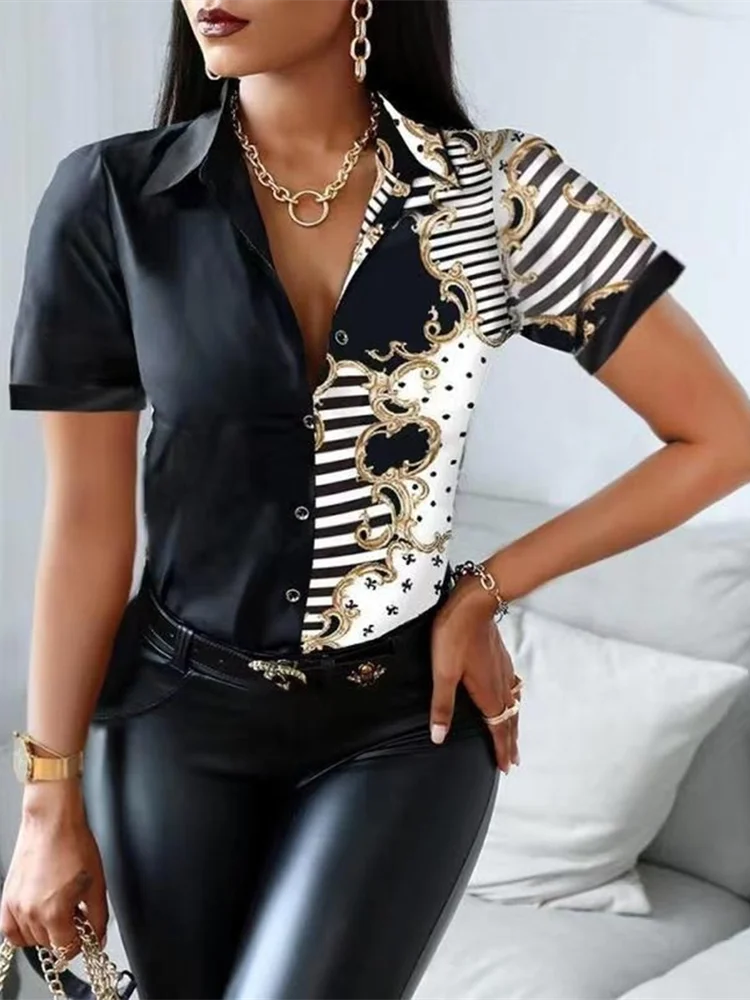 

Mandylandy Women Elegant Summer Patchwork Shirt Top Fashion Female Y2K Short Sleeve Turn Down Collar Button T-shirt Streetwear