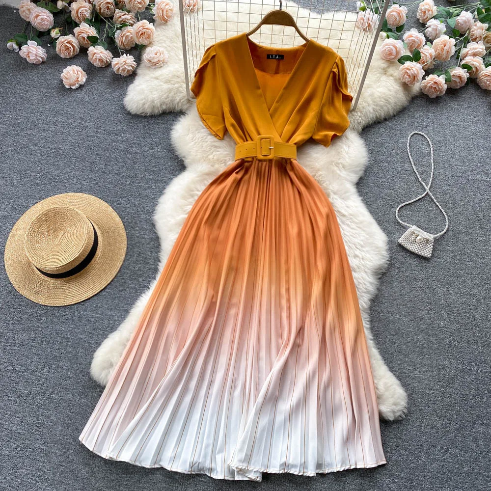 

Summer Fashion Women V Neck Korean Chic Pleated Gradient Color Thin Lace Up Elastic Waist Loose Dress Short Sleeve Vestidos E868