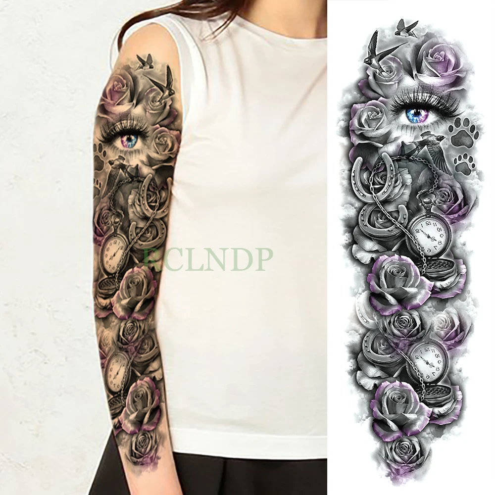 Водостойкие временные тату стикеры глаз Роза часы птица полная рука большой