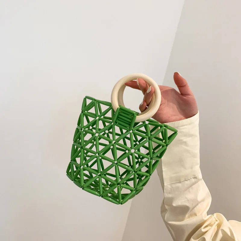 Summer Mini Acrylic Beaded Handbag Bucket Bag with Round Handle Hollow Out Design Girls Small Bag Seaside Beach Bag Sac A Main