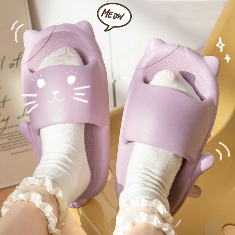 Couples Bathroom Slipper Women Home Wearing Cartoon Lovely Cat Slipper Summer Beach Slides Soft Cloud Flip Flops Non-Slip Shoes