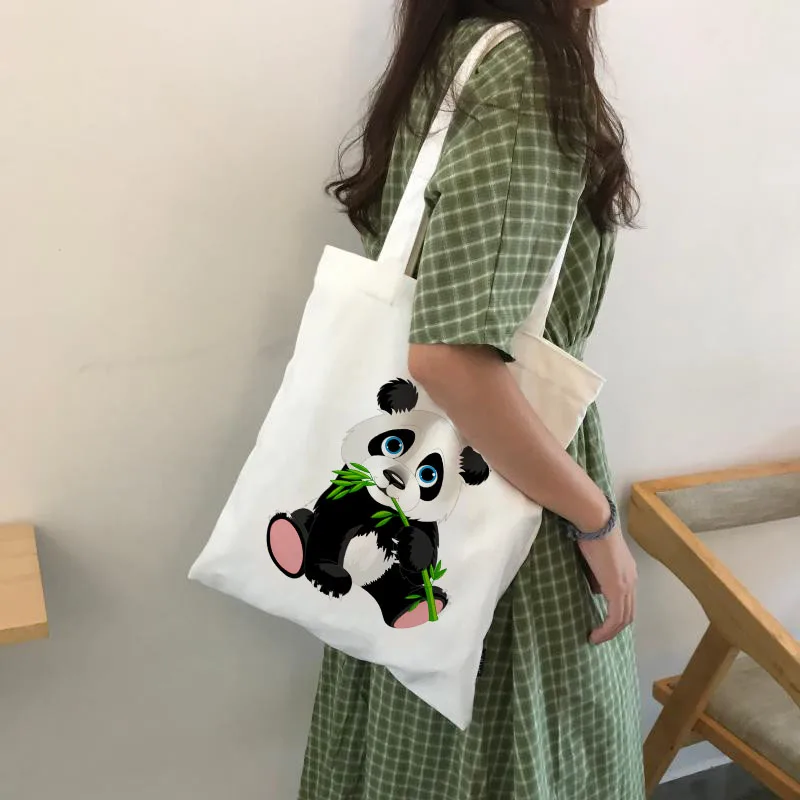 

Bolsas De Tela Panda Cartoon Cute Animal Print Ladies Handbags Canvas Tote Bag Shopping Travel Women Eco Reusable Shoulder Bags