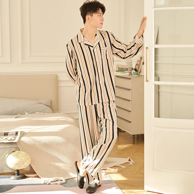 Men Pajamas Sets Satin Silk Pyjamas Nightwear Sleepwear Underwear Long Sleeve Striped Printed Casual Spring Autumn Winter
