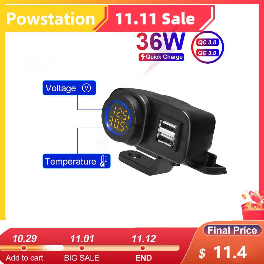 

Powstation Dual USB QC 3.0 Motorcycle Phone Charger Waterproof Quick Charger 12V 24V Power Supply Adapter Moto Accessories