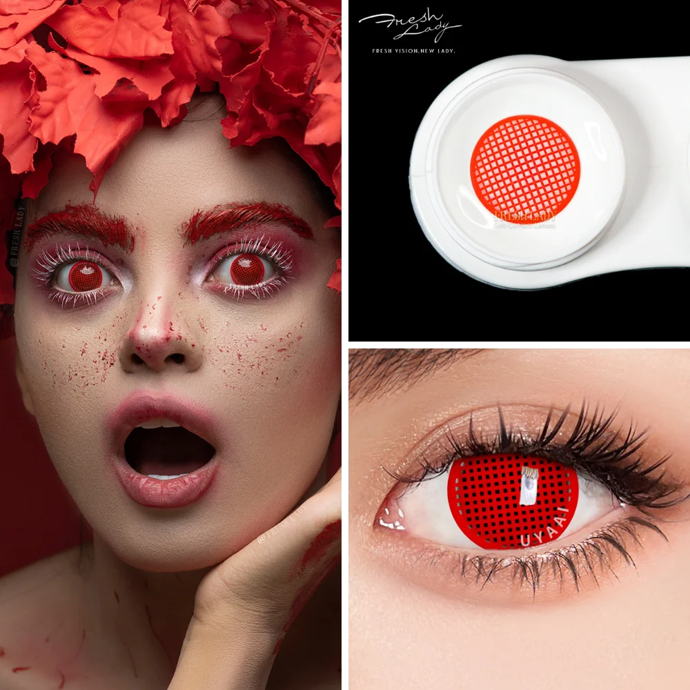 

UYAAI Red Cosplay Contact Lens Mesh Multicolor Big Pupils Contact Lenses For Eyes 1Pair Yearly Anime Accessories Halloween