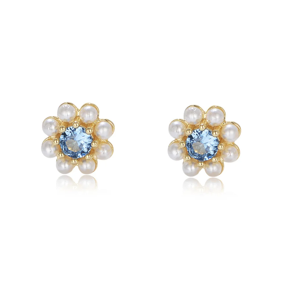 

Blue Zircon Pearl Earrings Sterling Silver High Sense Flower Design Light Luxury Wind Jewelry Beads From Natural Stones Women