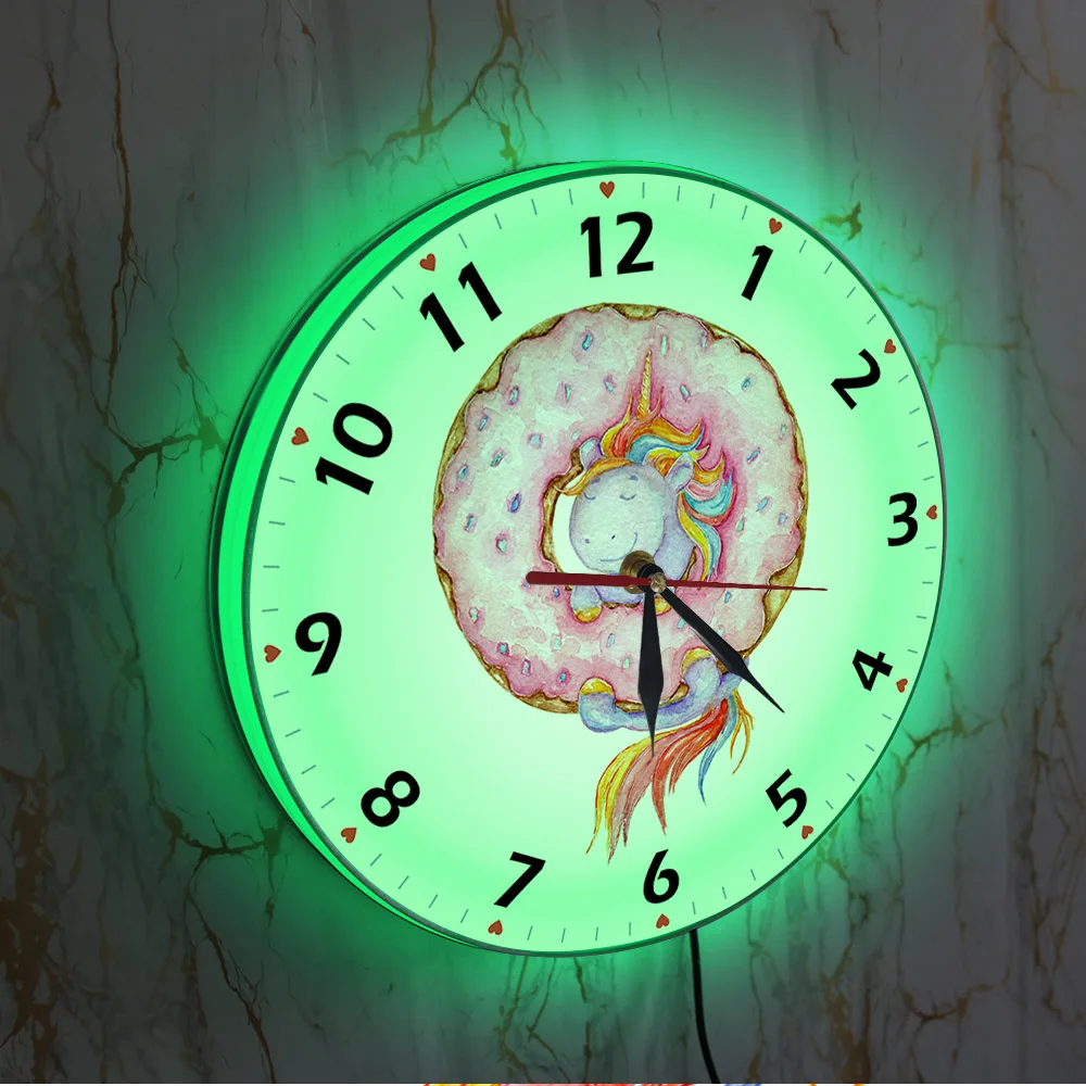 Светящиеся Настенные часы с единорогом и пончиком для девочек домашний декор в