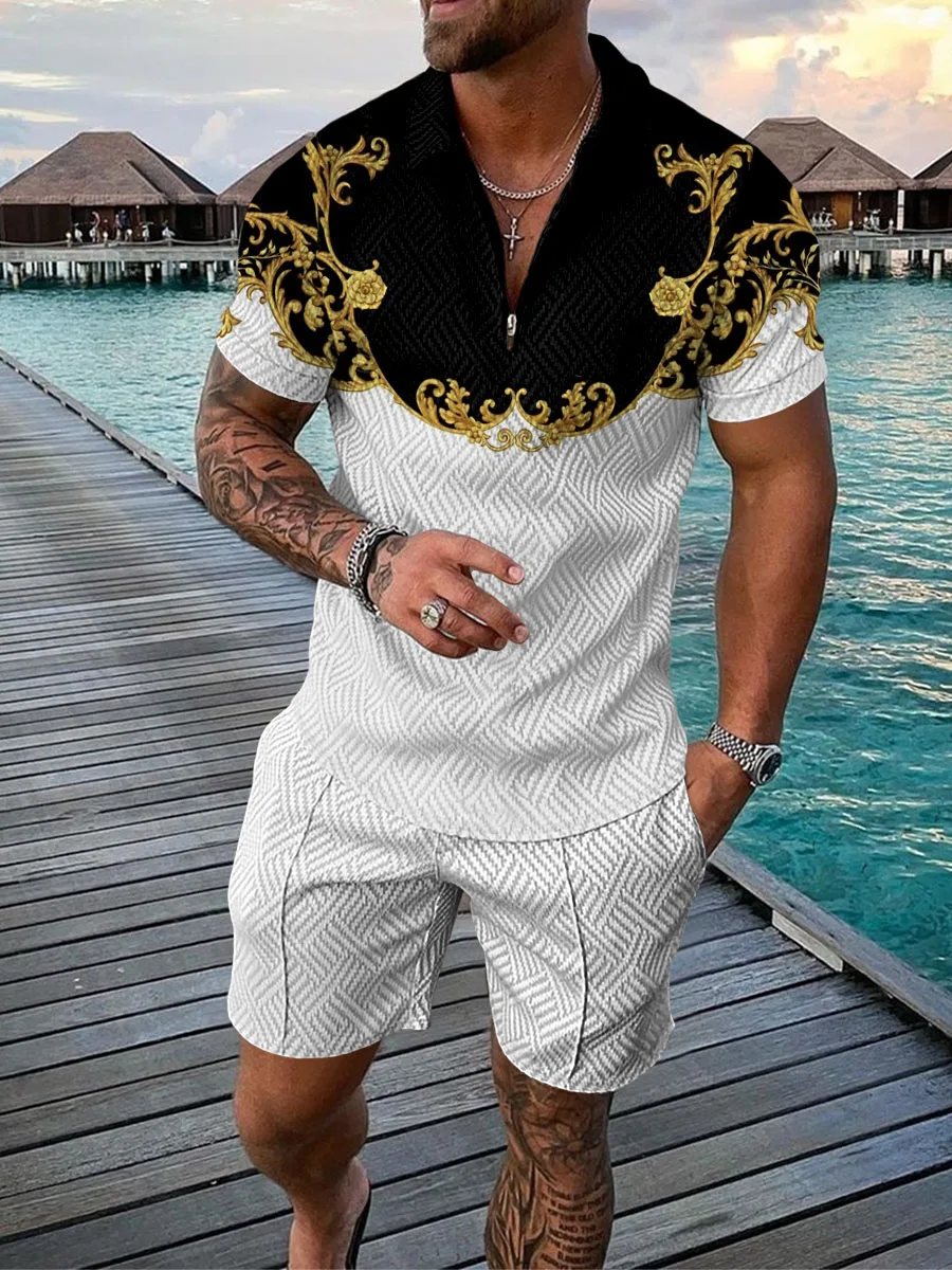 2023 New Summer Men's Shorts Set Short Sleeve Zip Polo Shirt Street T-shirt Two Piece Casual Sportswear