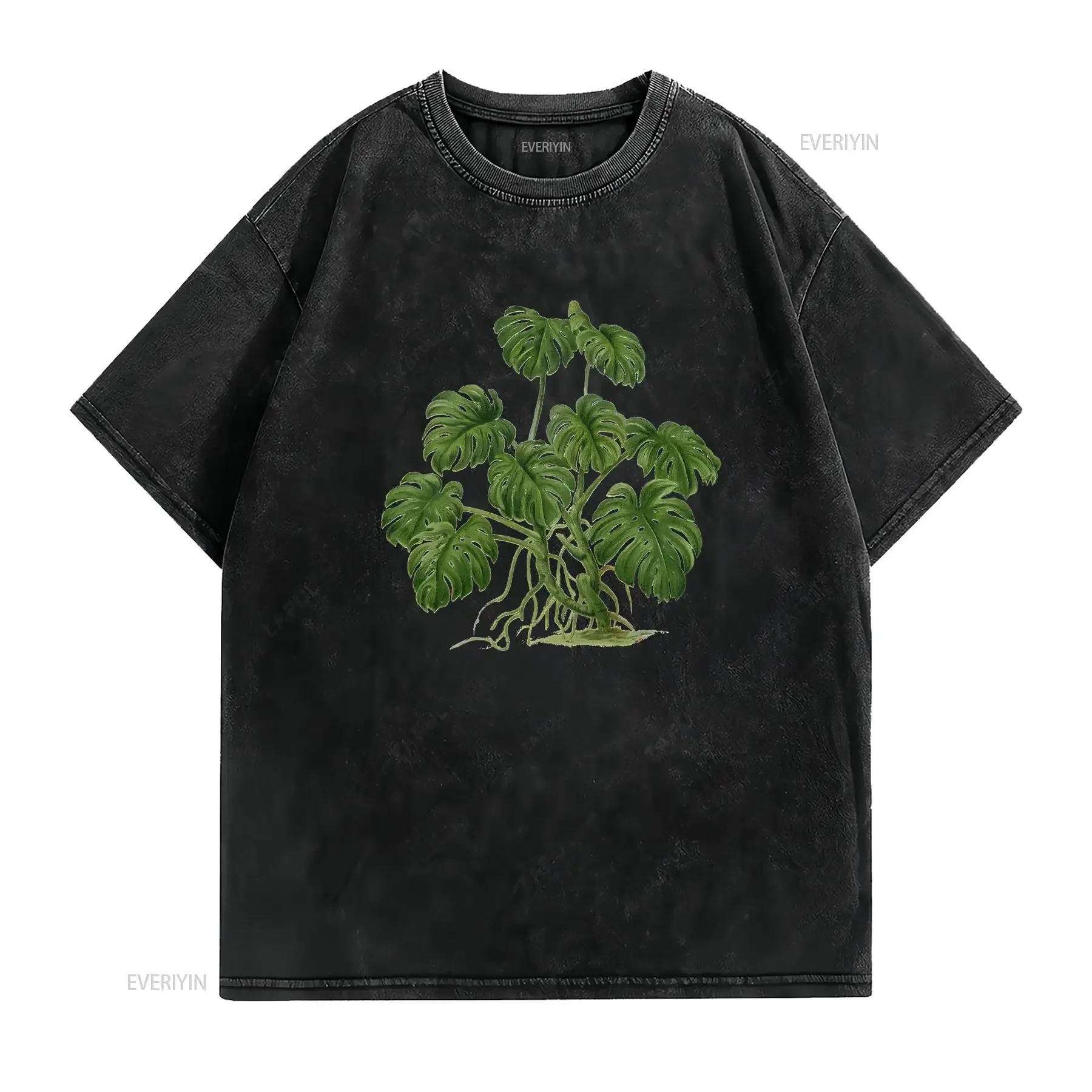 Фото Футболка Houseplant Botanical Gardening Monstera Deliciosa с разноцветными листьями для мужчин и женщин, винтажная, с эффектом потертости №2