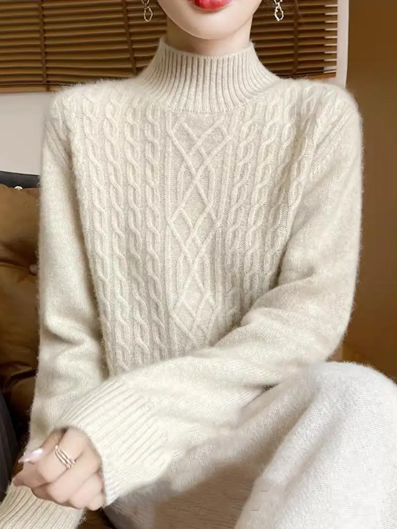Pure Cashmere Sweater% Half-high Collar Thickened Sweater Twisted Women Autumn and Winter Loose Idle Sle Knitted Bottoming ...