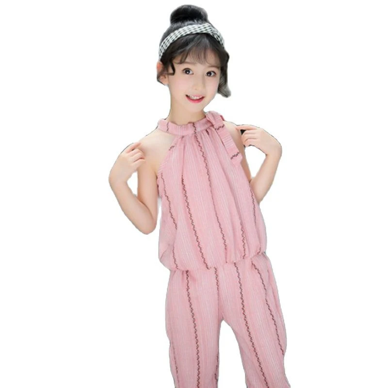 

Комплект одежды для девочек, модная летняя детская рубашка в Вертикальную Полоску с лямкой на шее + штаны, комплект из 2 предметов, детская бр...