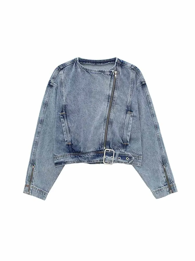 

Женская укороченная джинсовая куртка, винтажная верхняя одежда на молнии с эффектом стирки воды, 6164/109