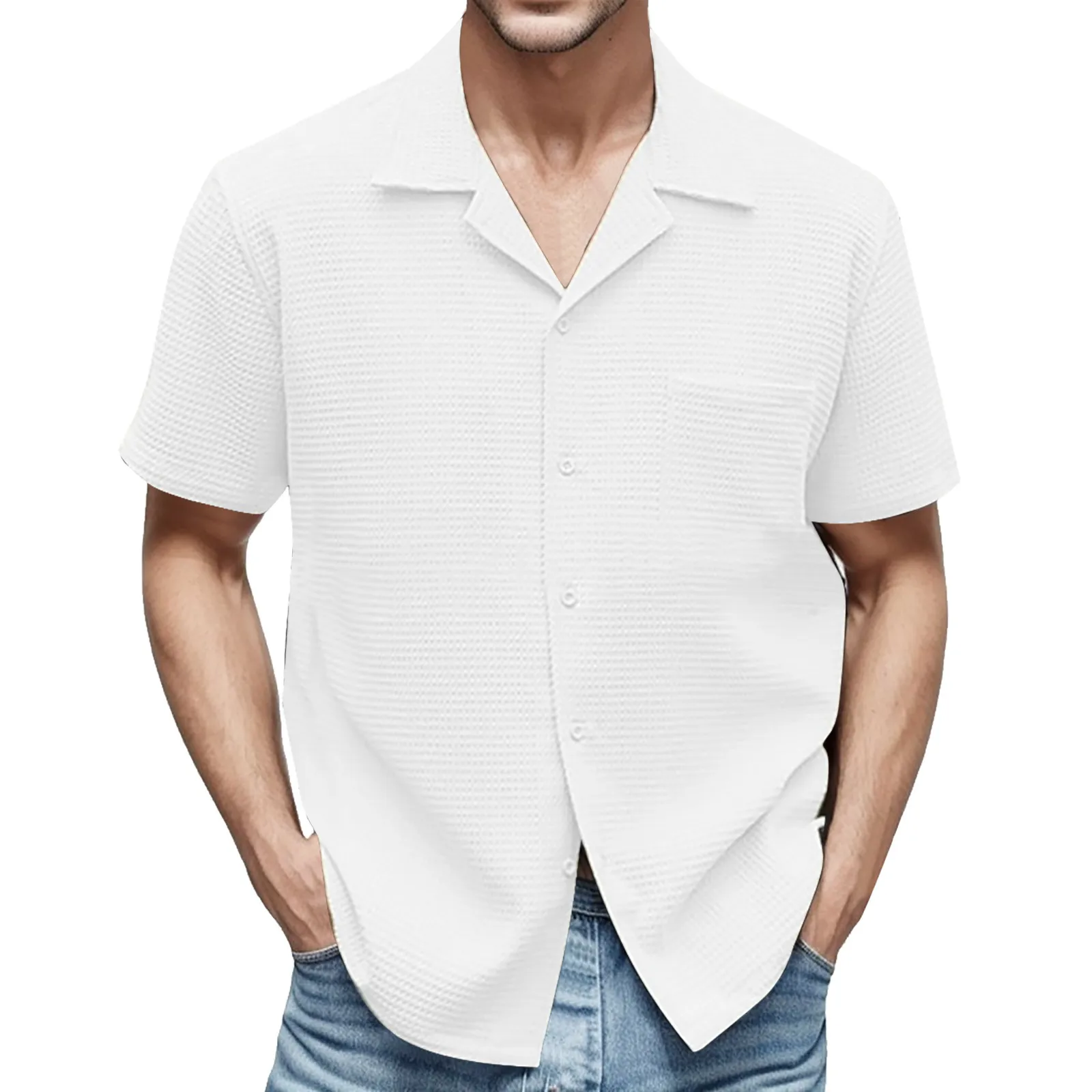 

Мужская однобортная рубашка с карманами, голубая вафельная рубашка с короткими рукавами, отложным воротником и карманами, кардиган для отдыха на лето 2019