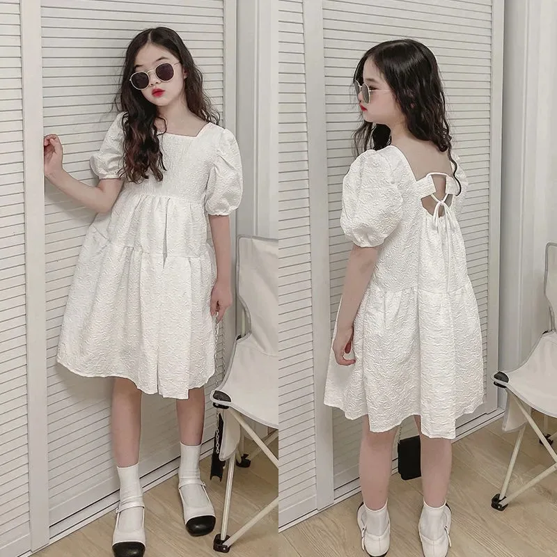 

Girl Summer Princess White Dress Square Collar Short Sleeve Backless Loose Kids Children Toddler Teen 5 6 8 9 10 11 12 15 Years