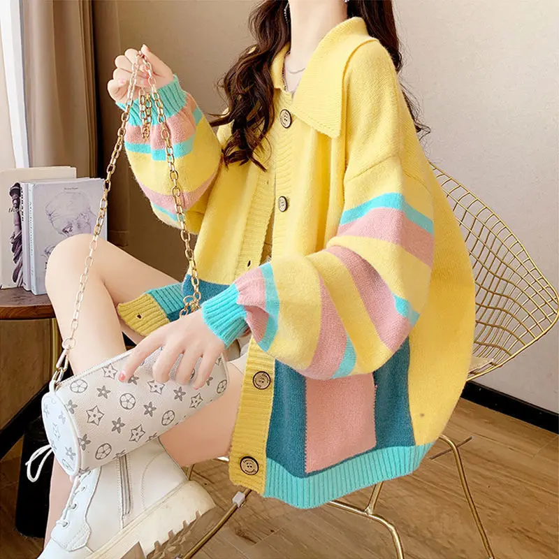 

Women 2022 Autumn Winter New Loose Knitted Cardigan Coats Female Students Loose Outerwear Ladies Striped Sweater Jackets Y407