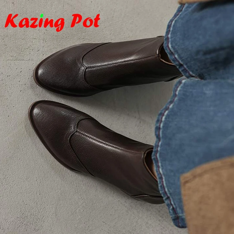 Фото Ботинки челси Krazing Pot Rome из овчины с круглым носком на среднем каблуке, теплые зимние ботинки с задней молнией, с резным английским дизайном, ботильоны №1