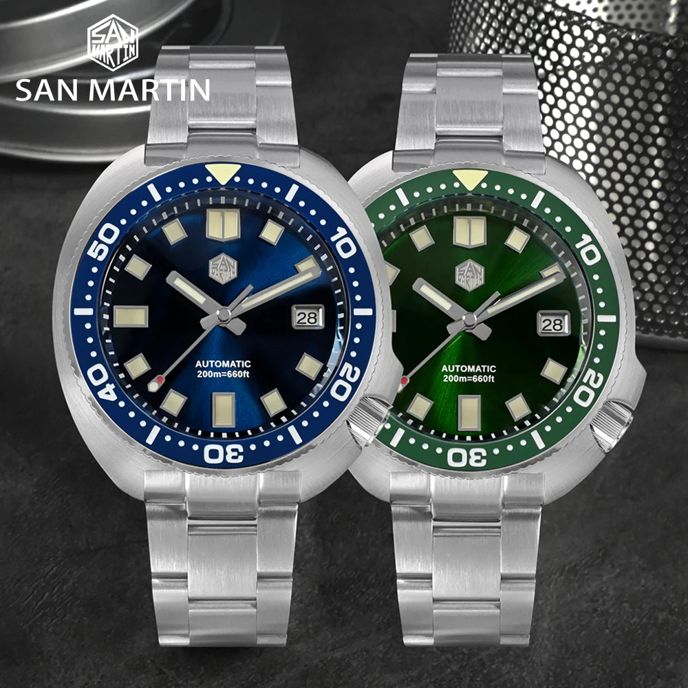 

Часы San Martin Abalone для дайвера 44 мм NH35, автоматические механические Роскошные винтажные наручные часы с сапфировым стеклом и браслетом из нержавеющей стали