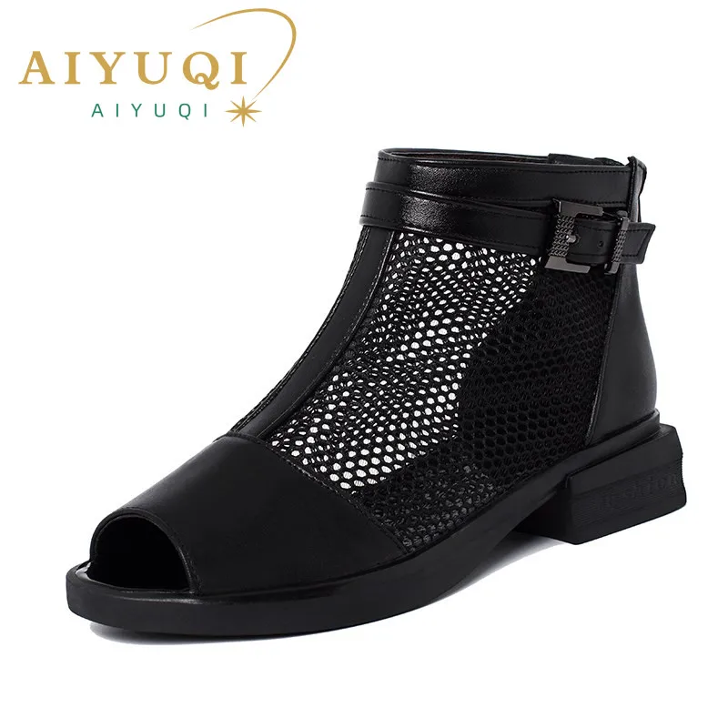 Купи AIYUQI Sandals Women Hollow Summer Genuine Leather Mesh Women Sandals Open Toe Large Size 35-43 Low-heel Sandals Ladies Black за 2,543 рублей в магазине AliExpress