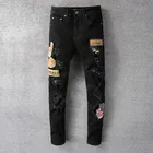 Брюки мужские длинные в байкерском стиле, модные рваные джинсы в стиле панк, с нашивкой, ткань с рисунком, уличные рваные джинсы