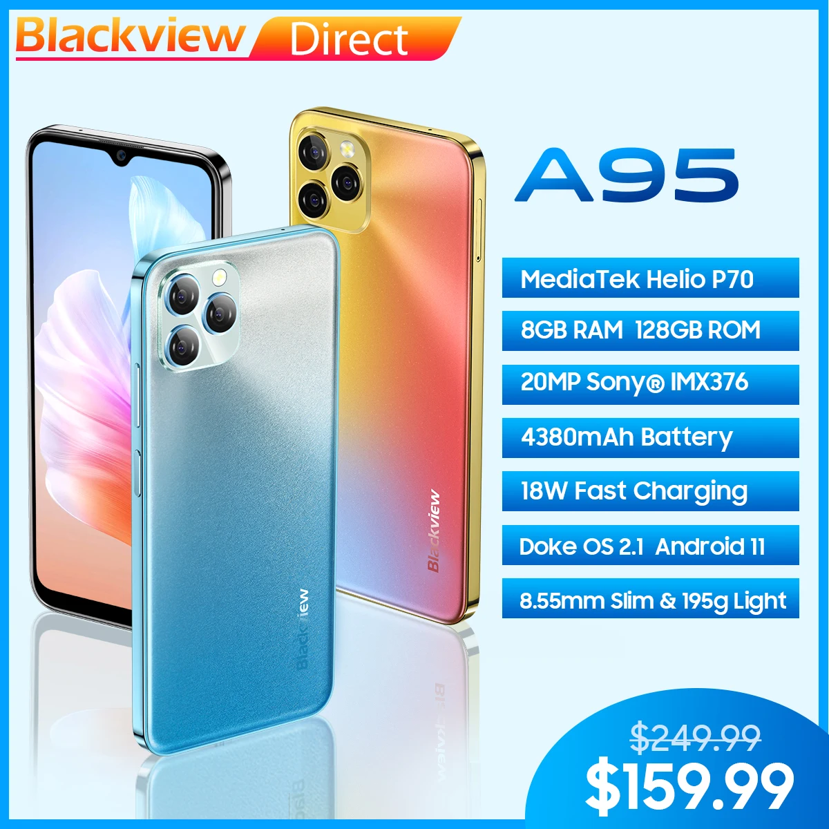 

Blackview A95 Smartphone Helio P70 Octa Core Android 11 Mobile Phone 8GB+128GB 6.528" HD+ Display 20MP Camera 4380mAh Cellphone
