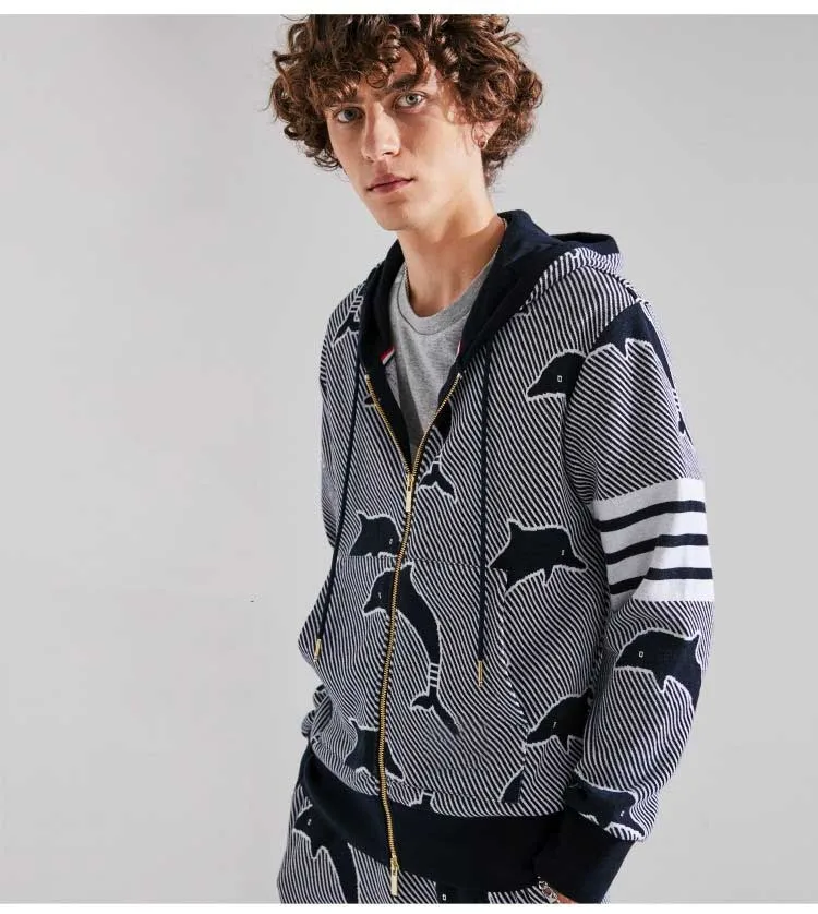 TB Thom Sweatshirts Casual Collar Zip-up Drawstring Hoodies Whale Print Design Cargigan Coats Luxury Brand Hooded Swearshirt