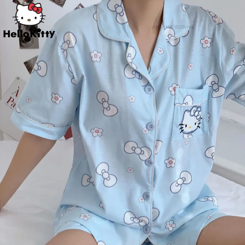 2022 New Sanrio Hello Kitty Pajamas Female Summer Japanese Cute Cartoon Print Home Clothes Two-piece Shorts Tops Suit Y2k Women