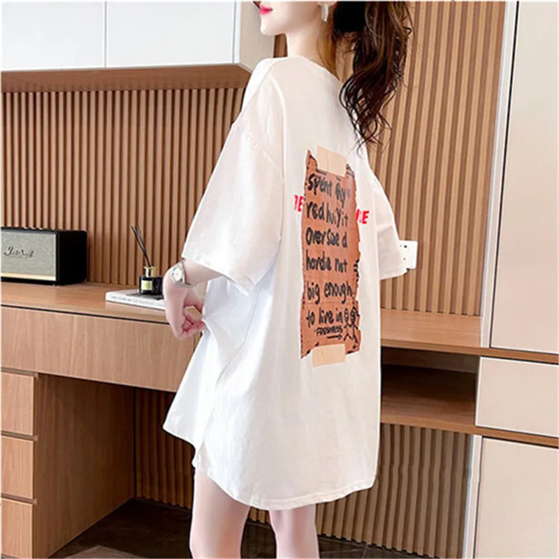 

Футболка летняя новая с принтом букв и круглым вырезом пуловер с коротким рукавом свободный простой модный топ средней длины женская одежда ZM429