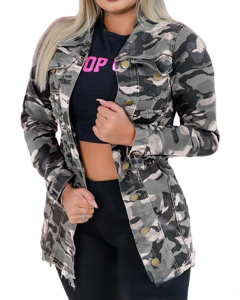 

Casual Jacket Women Full Sleeve Frayed Camo Tiger Print Ripped Raw Hem Jacket New Camouflage Turn Down Neck