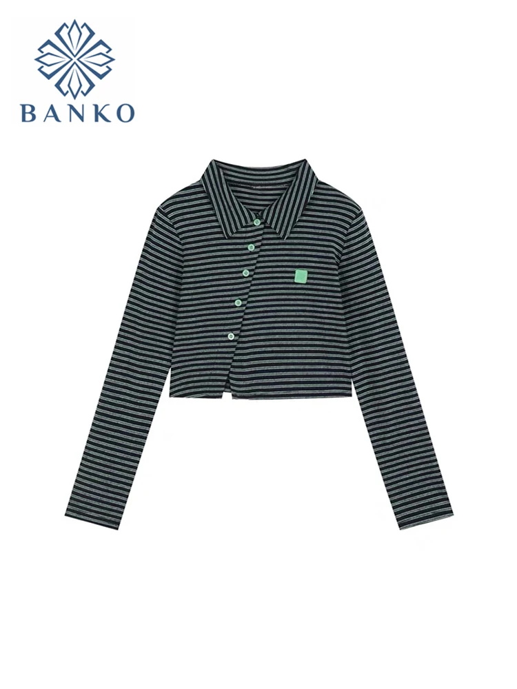 

Stripe Polo Woman T-Shirt Spring Korean Fashion Preppy Style Long Sleeve Irregular Button Black All-Match Slim Crop Tops Ladies