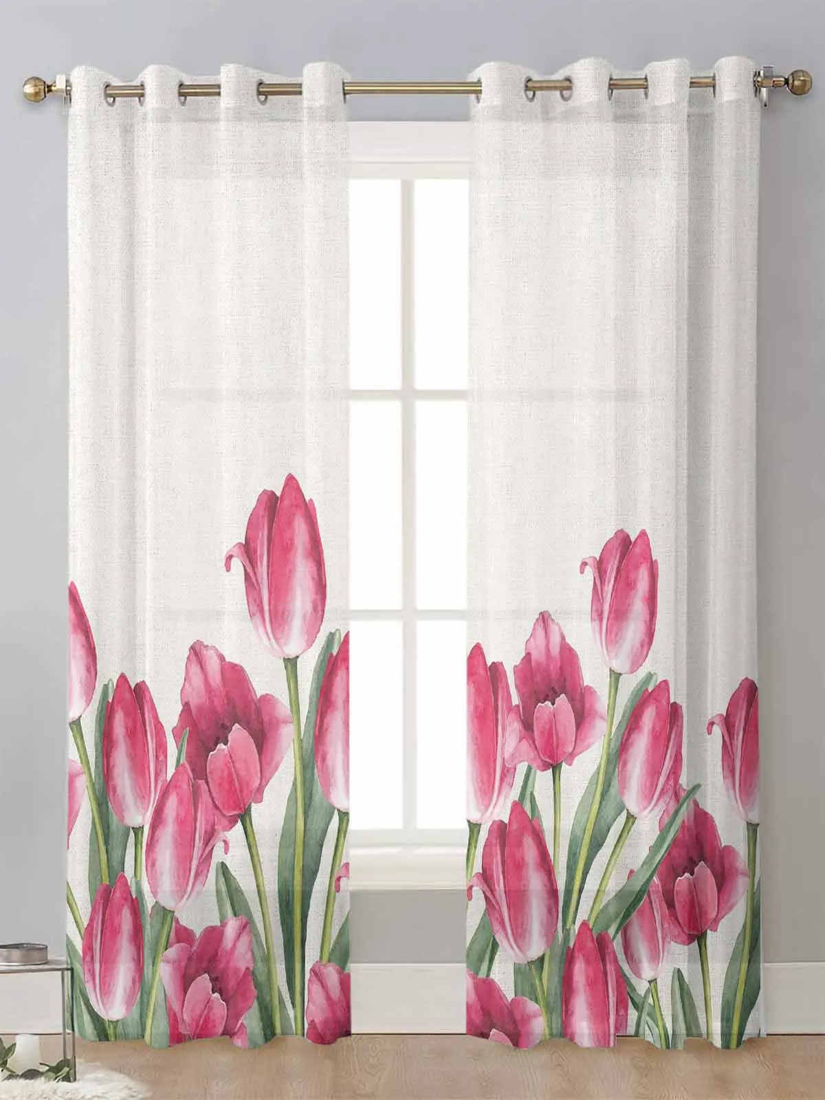 

Spring Watercolor Flower Tulip Sheer Curtains For Living Room Window Transparent Voile Tulle Curtain Cortinas Drapes Home Decor