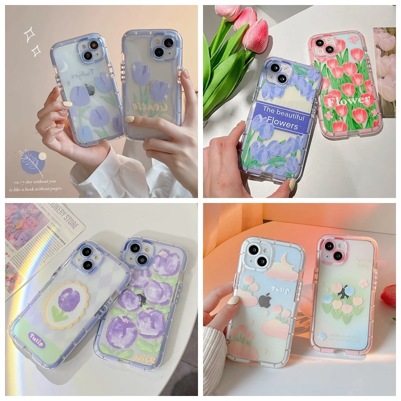 

Luminous Phone Case For iPhone 13 Pro Max 12 Pro 11 XS Max XR Fashion ins Flower Tulip Camera Protect Shockproof Soft TPU Cover