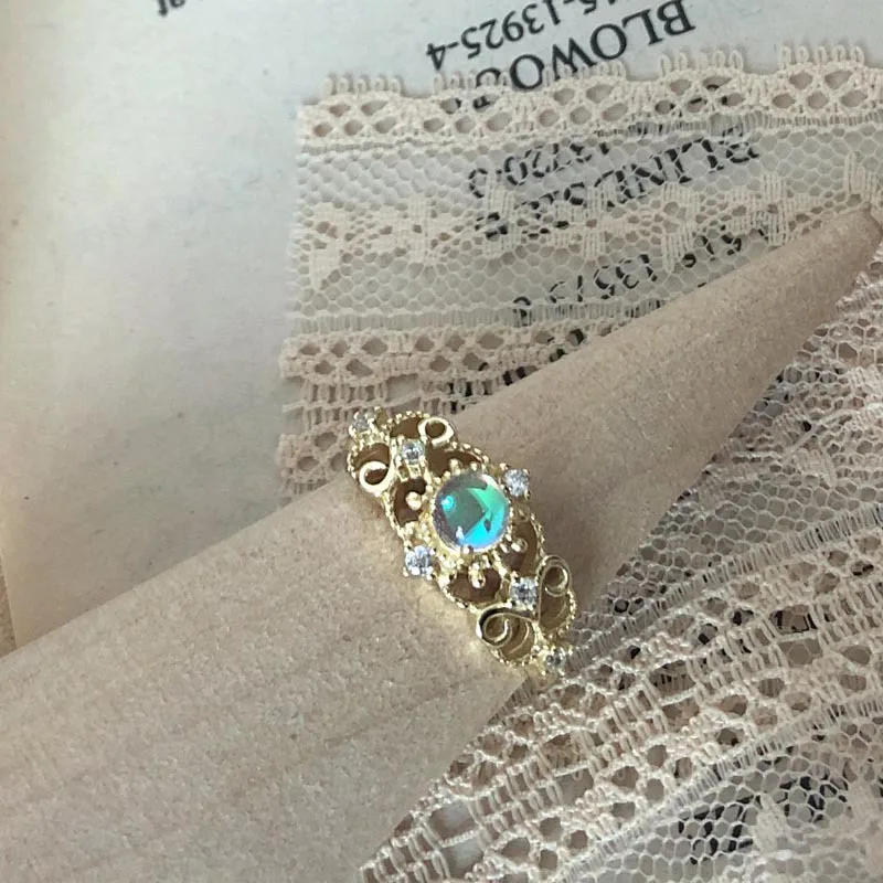 

Винтажное кружевное кольцо с синтетическим лунным камнем, серебро 925 пробы, 14 к позолоченное регулируемое ювелирное изделие, LMRI079