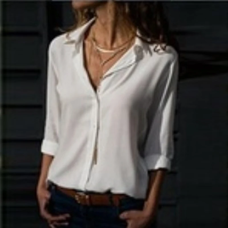 

Женская шифоновая блузка с длинным рукавом, V-образным вырезом и пуговицами