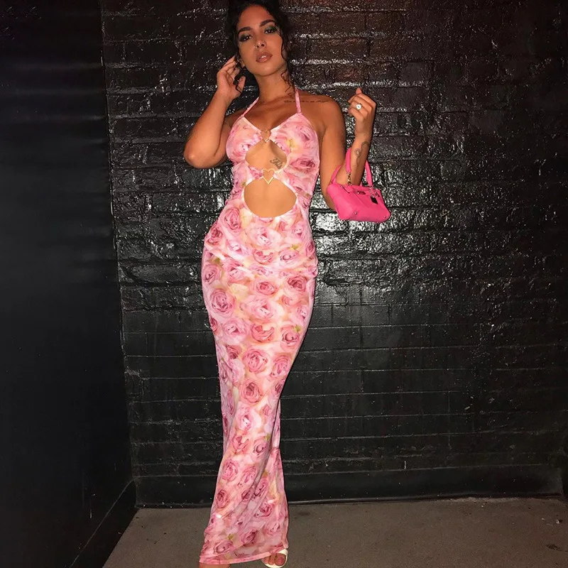 

Женское Прозрачное платье миди с цветочным принтом, открытой спиной и лямкой на шее