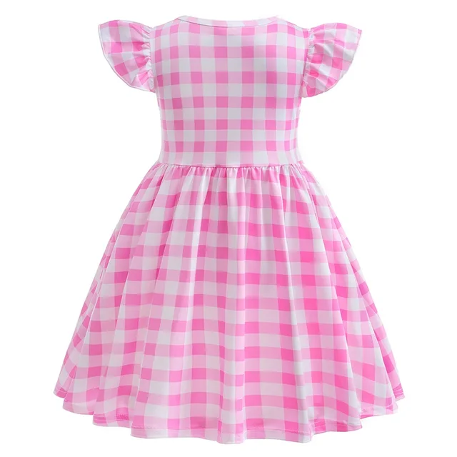 2023 Movie Barbi Theme Cosplay Costume for Girls Kids Clothes Pink Plaid Party Princess Dress Halloween Carnival Vestidos 3-10T 3