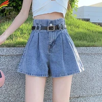 dfrcaeg 2022 summer women jeans high waist shorts korean fashion blue black wide leg stretch streetwear denim shorts with belt