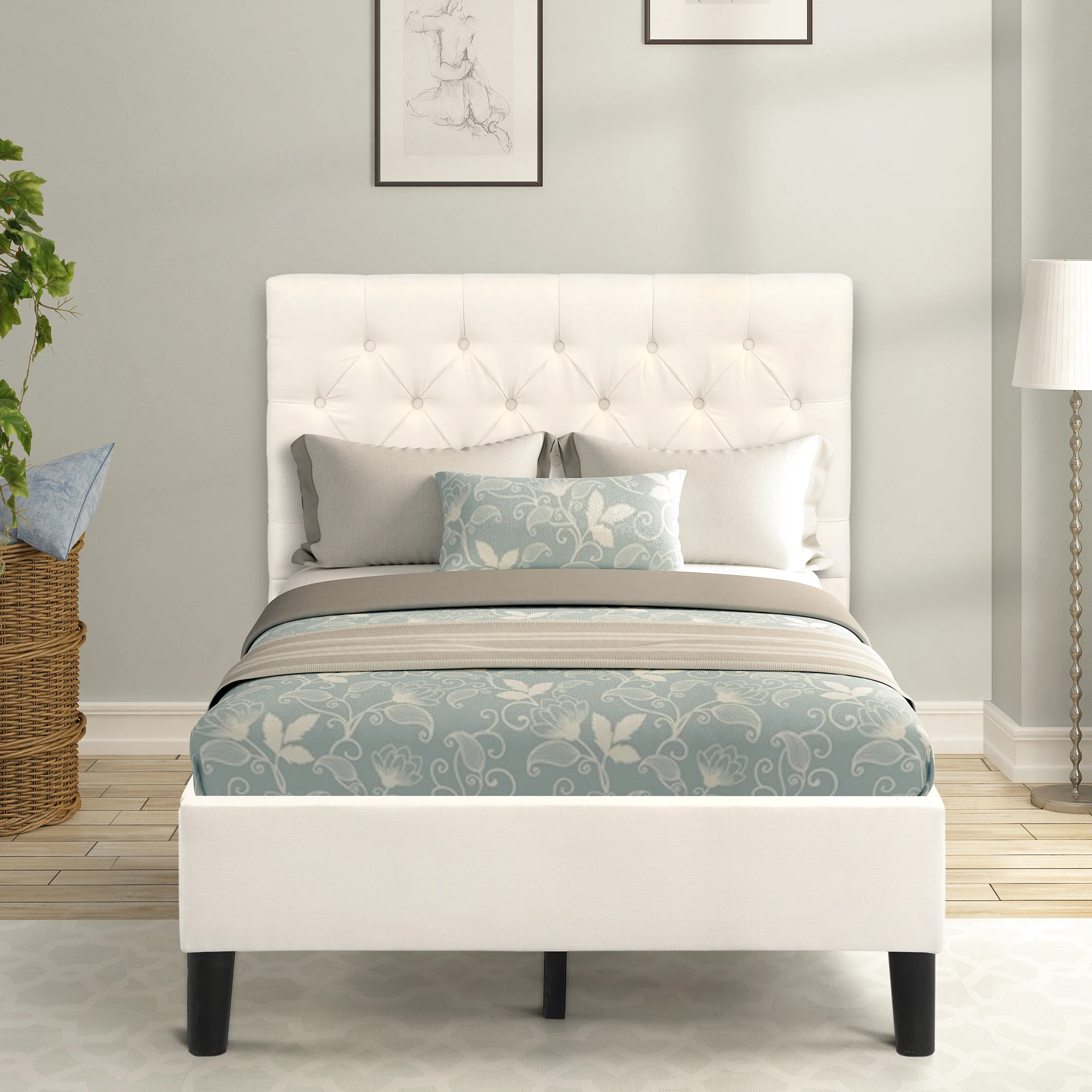 

Twin Size Bed Frames with Headboard, Platform Upholstered Linen Fabric Button Square Stitched Headboard, No Box Spring Needed,