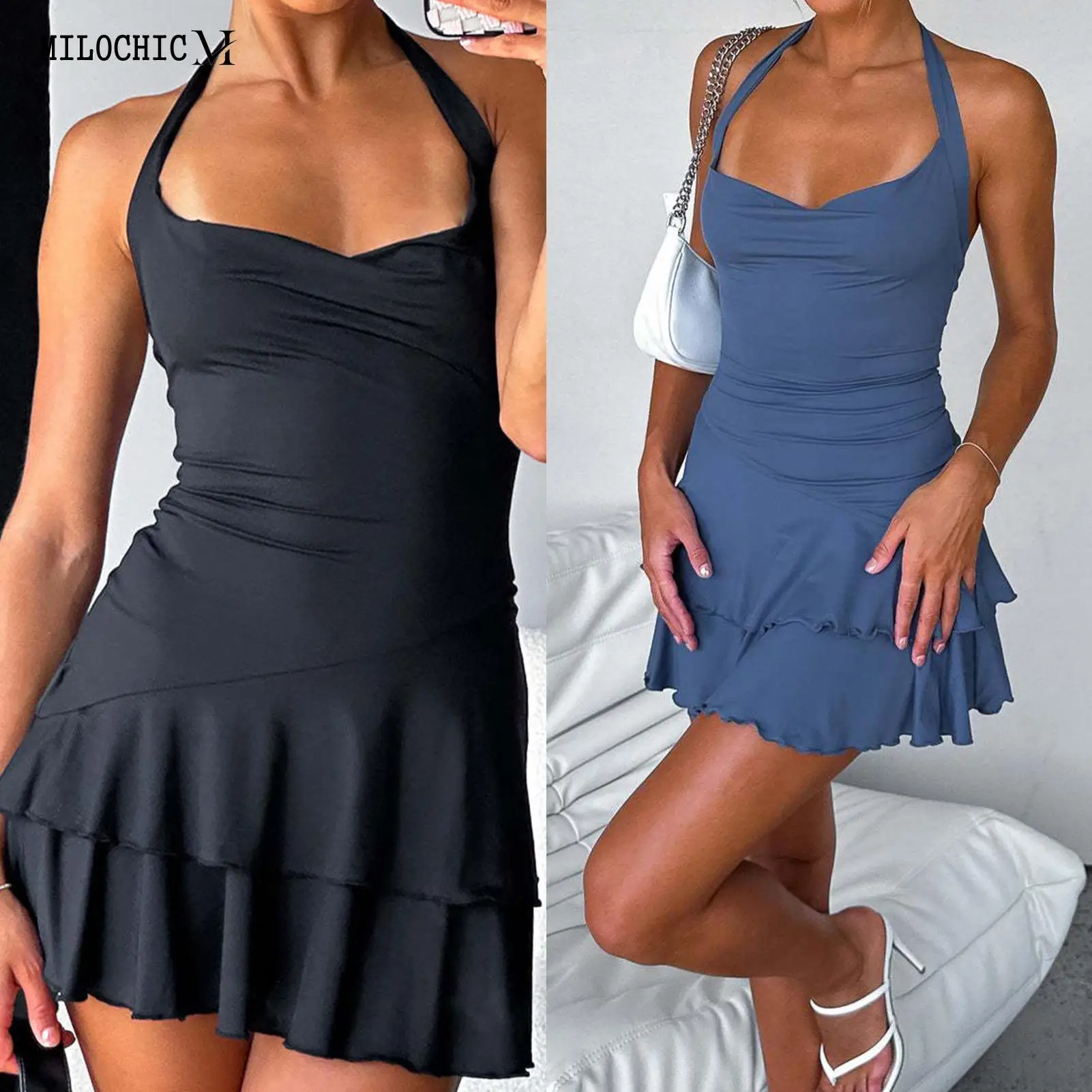 

Women Halter Short Dress Sexy Y2K Style Flounce Hem Low Cut Dresses Off Shoulder Sleeveless Daily Outfit Holidays Vacation