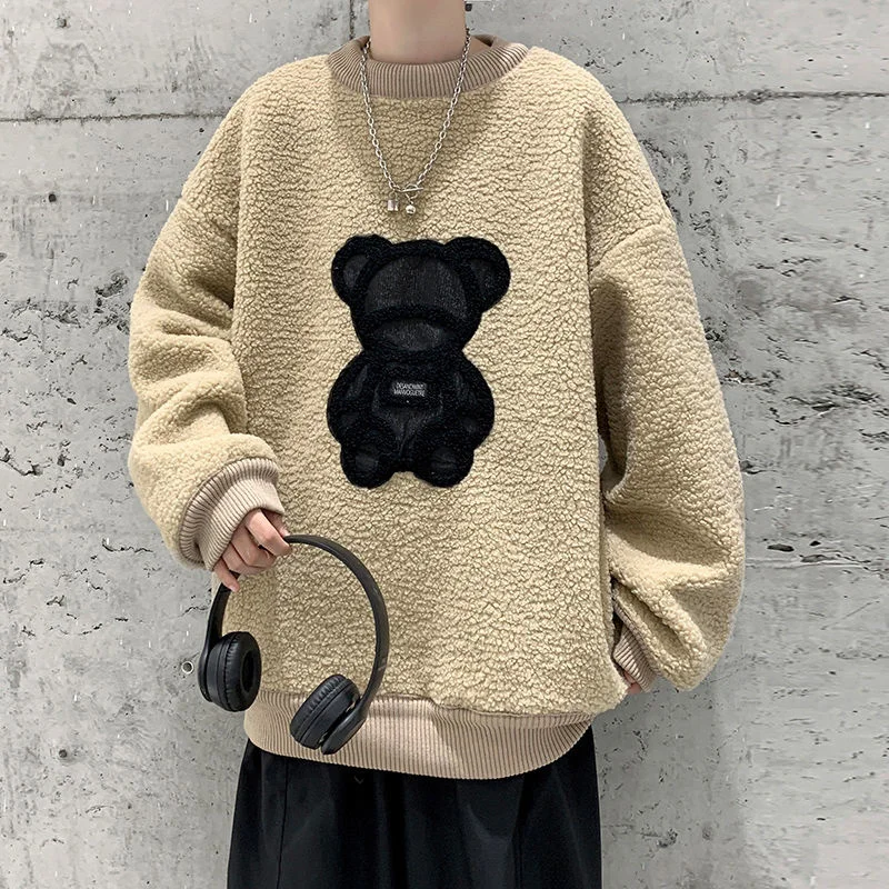

Privathinker Little Bear Lamb Wool Men's Sweatshirts Round Neck Loose Thickened Fleece Male Hoodies Fashion Brand Male Pullovers