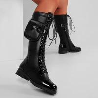 punk womens boots lace up bag low heel ladies shoes round toe zipper belt buckle party fashion women knee boots
