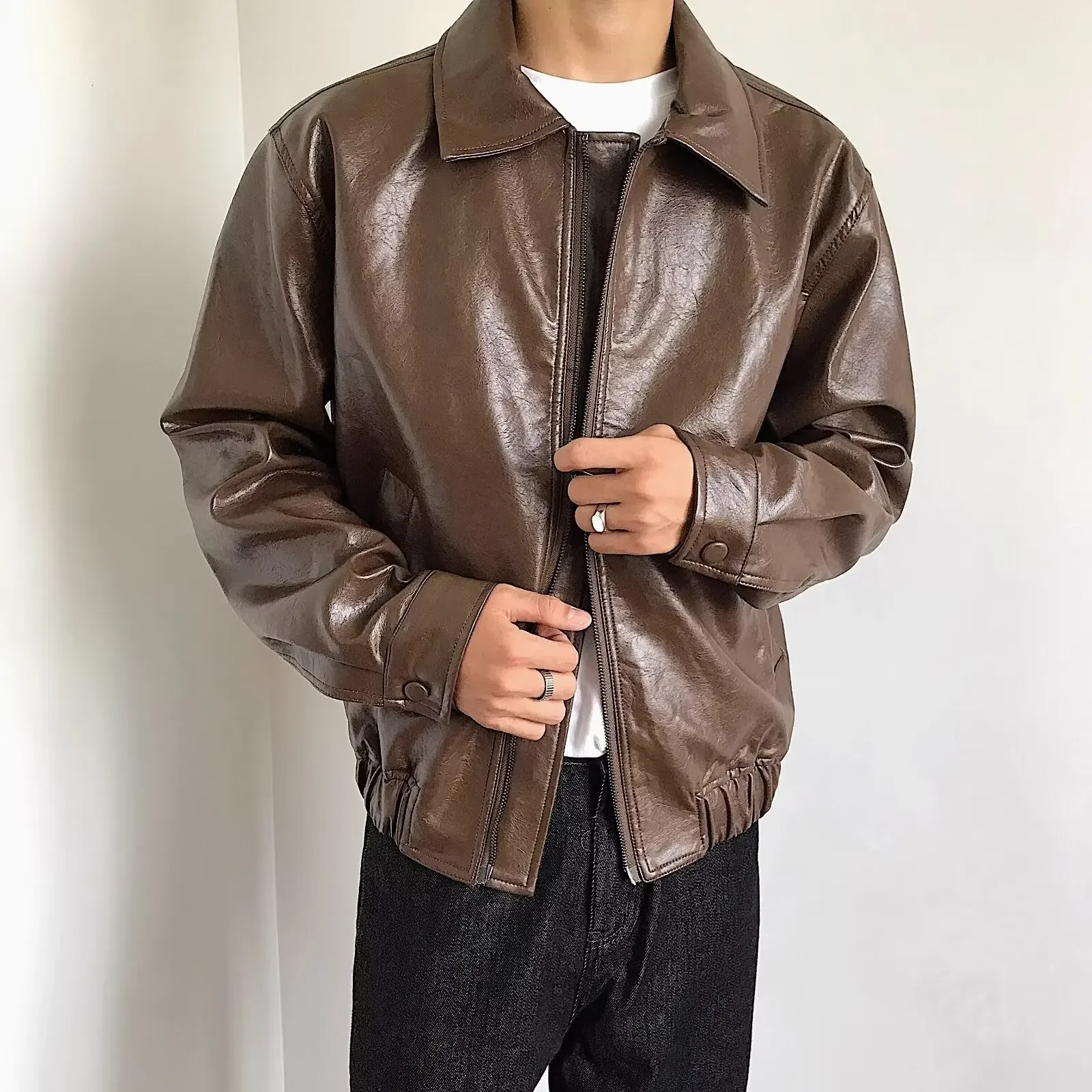 Винтажная мужская куртка из искусственной кожи в американском стиле укороченная