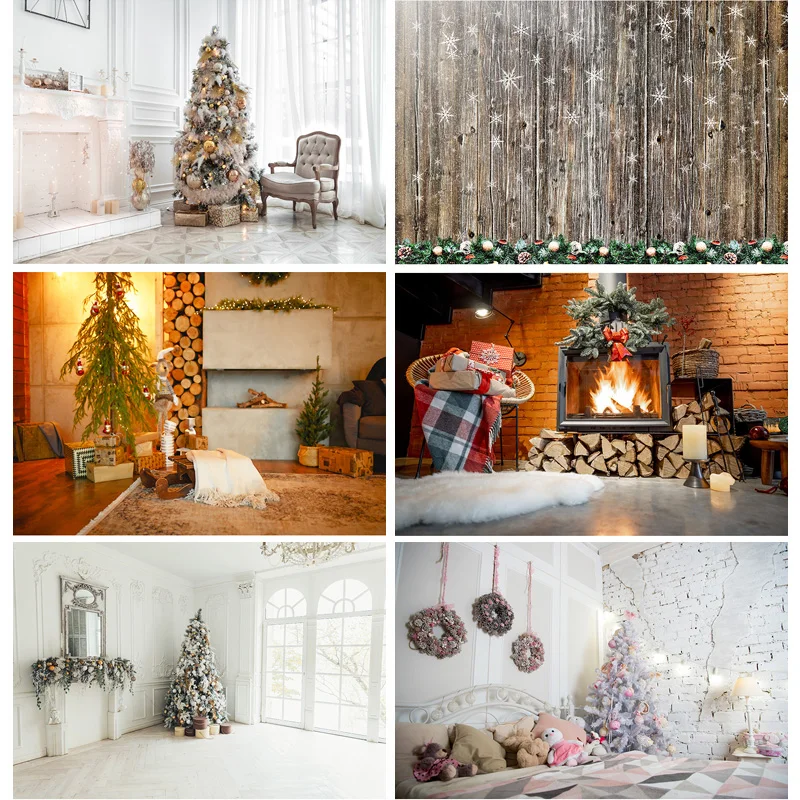 

Christmas Theme Photography Background Fireplace Christmas tree Children Portrait Backdrops For Photo Studio Props 211110 HS-07